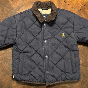 Blue and Brown Quilted Puffer Jacket with Corduroy Collar
